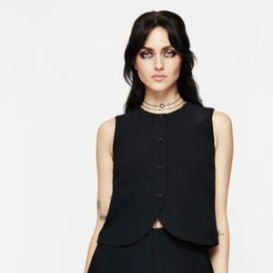 NWT Aya Embroidered Linen Blend Black Waistcoat Vest